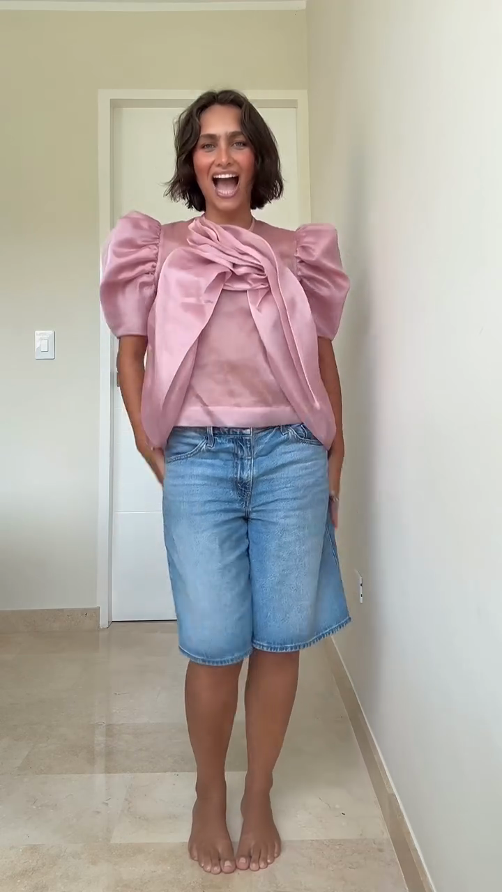 Pink Puff Sleeve Top and Denim Bermuda Shorts Set