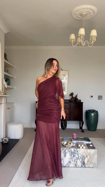 Burgundy Striped One - shoulder Maxi Dress