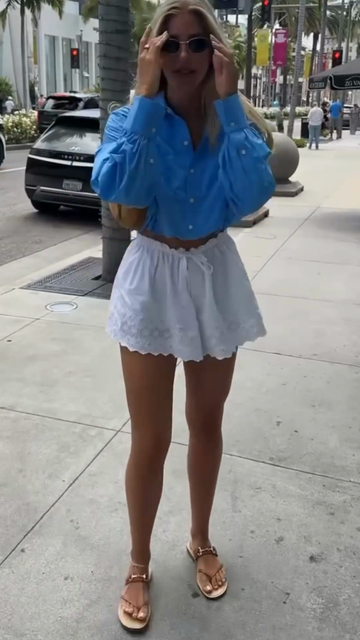 Blue Cropped Button - Down Shirt with White Embroidered Shorts