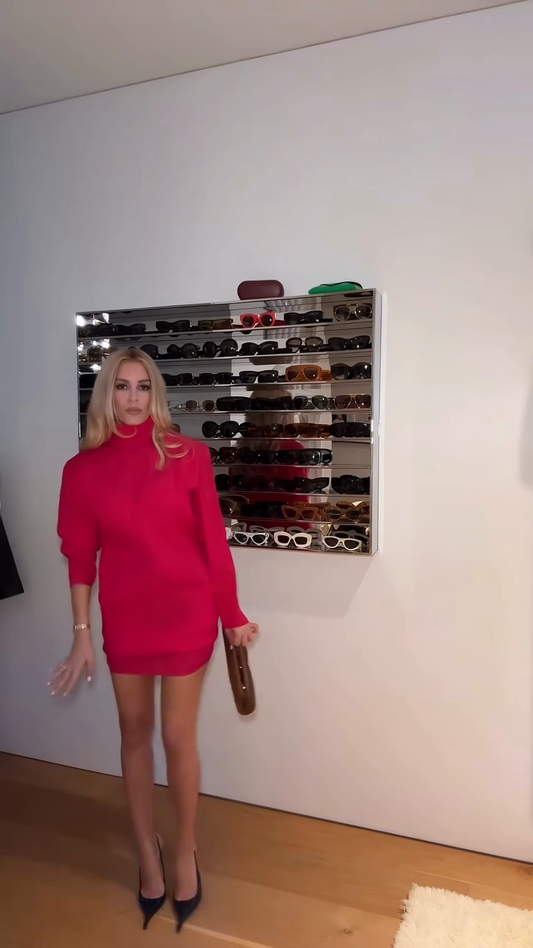 Bright red turtleneck mini skirt