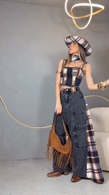 Patchwork Denim Crop Top & Wide - Leg Jeans Set