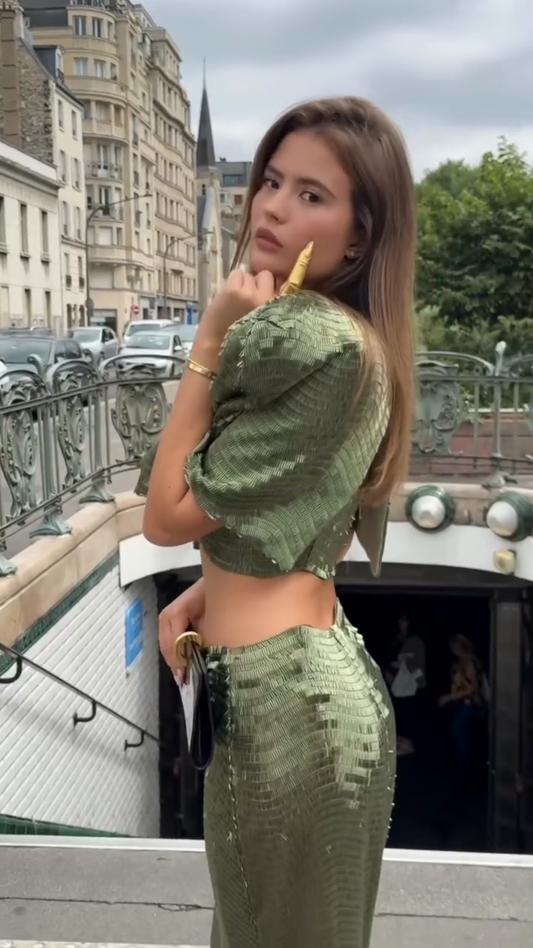 Metallic Green Crop Top and Maxi Skirt Set