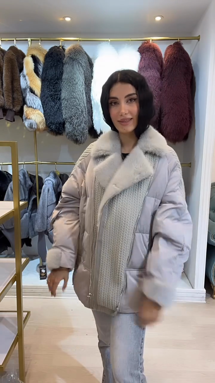 Puffer Jacket with Faux Fur Collar and Knit Insert