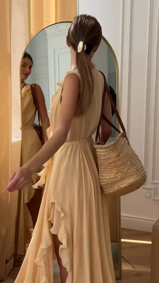 Cream Ruffled Sleeveless Maxi Dress