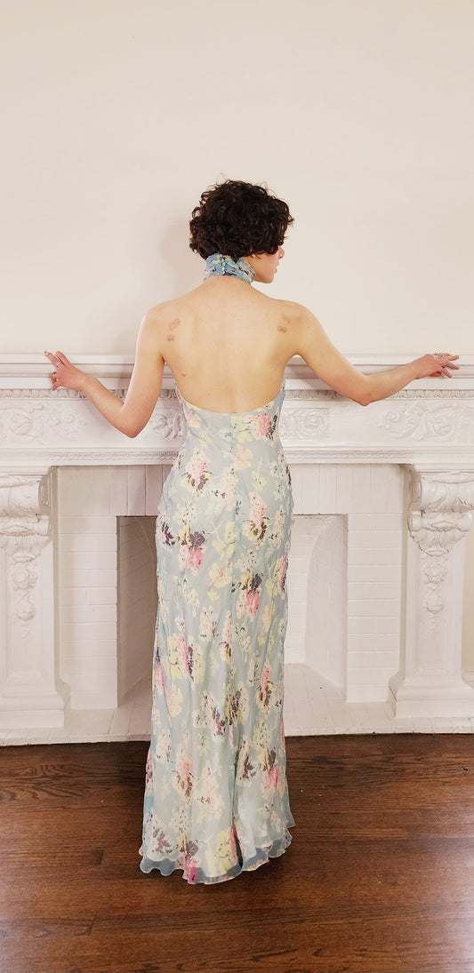 Light Blue Floral Ruffle Halter Maxi Dress