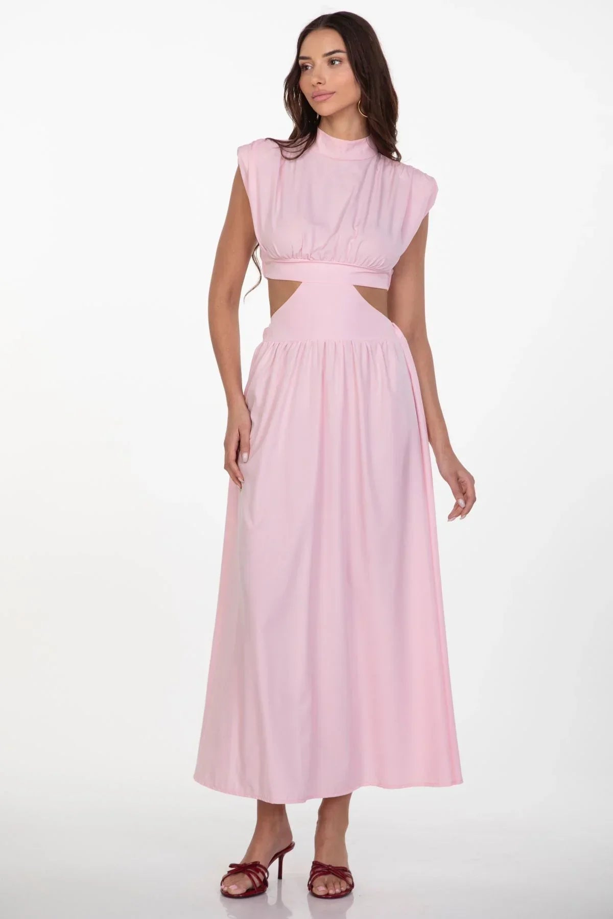 Pink Mock - Neck Cutout Midi Dress