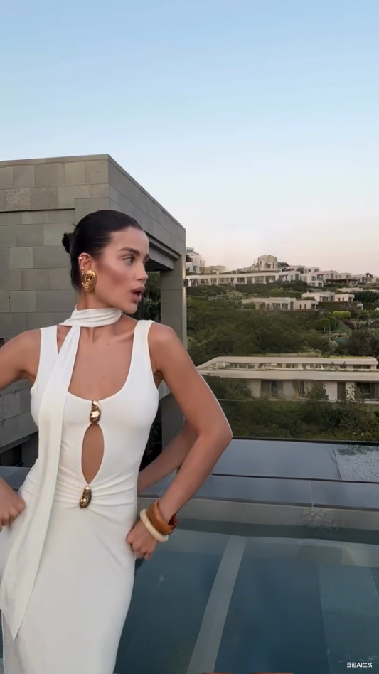 White Cutout Gown with Scarf Neckline