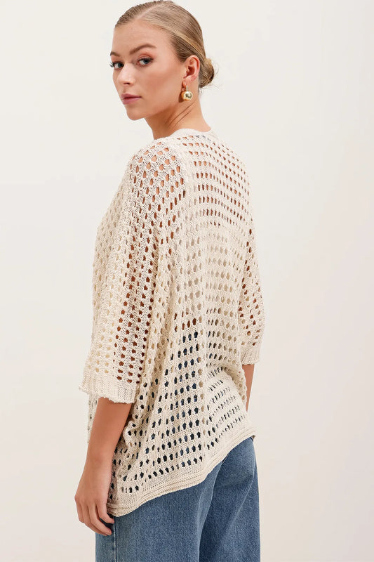 Beige Crochet Open - Front Cardigan