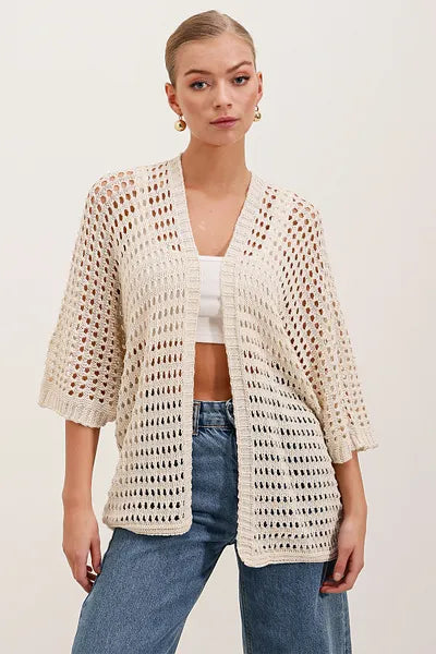 Beige Crochet Open - Front Cardigan
