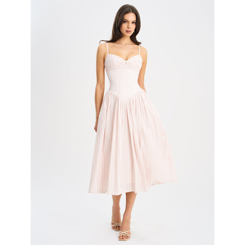 Pink Striped Sweetheart Neck Spaghetti Strap Midi Dress
