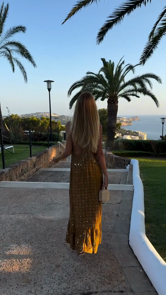 Embellished Halter - back Maxi Dress