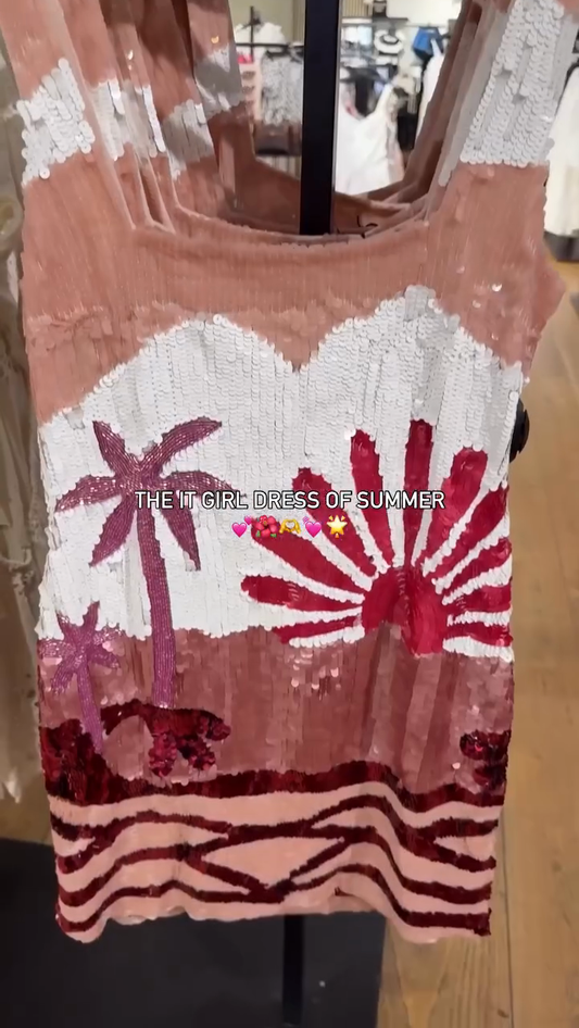 Pink Sequin Palm Tree Print Mini Dress