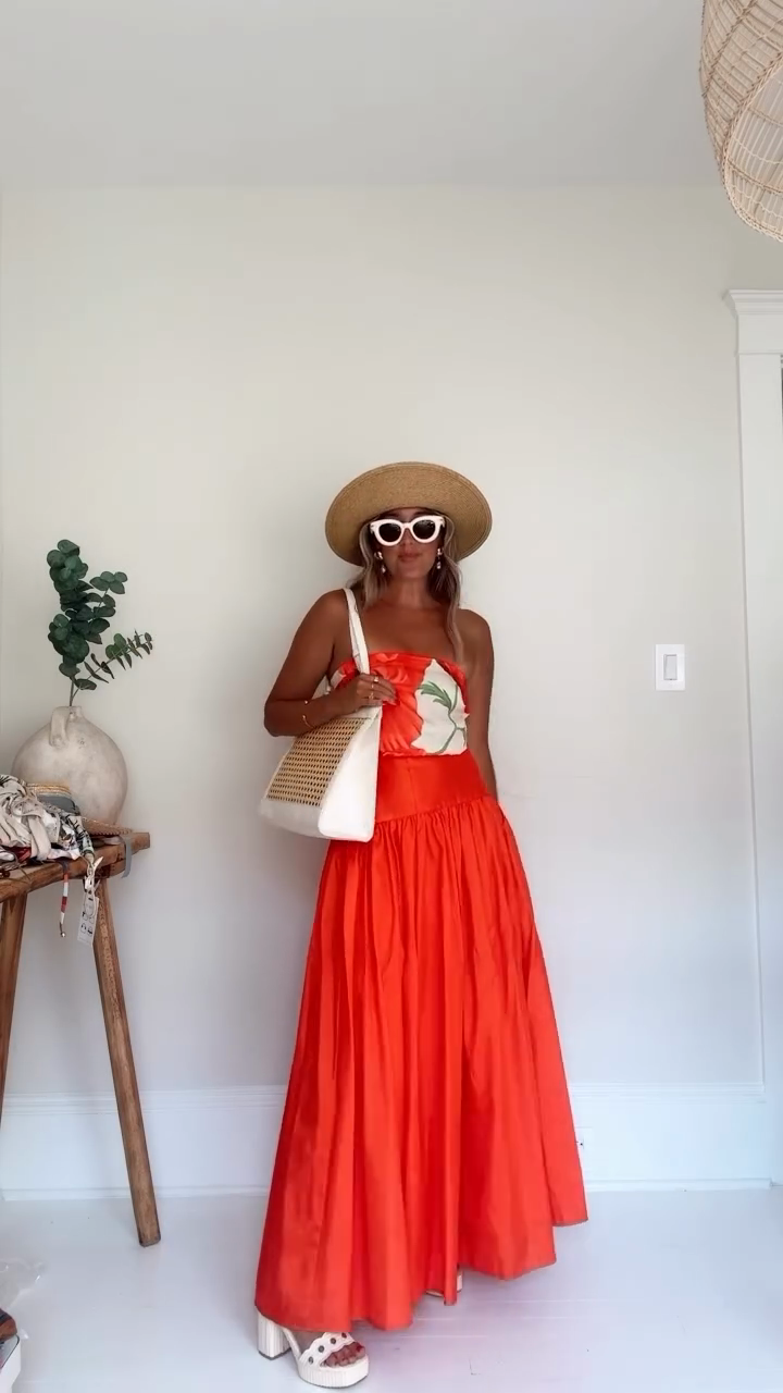 Red Floral Print Strapless Maxi Dress