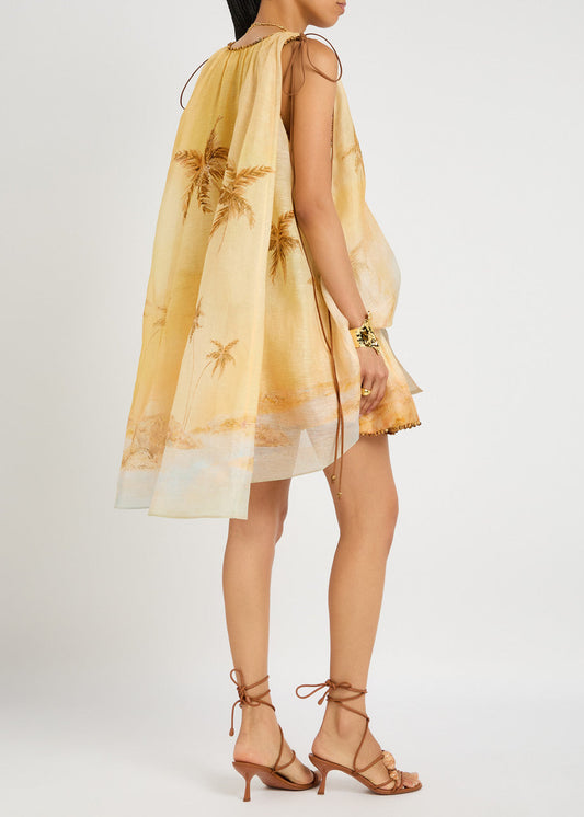 Printed Linen-Blend Mini Dress