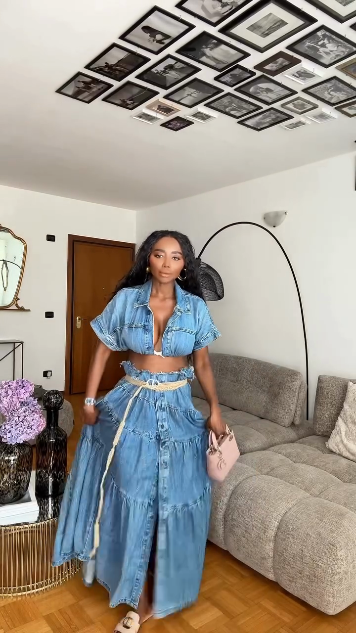 Denim Crop Top and Maxi Skirt Set