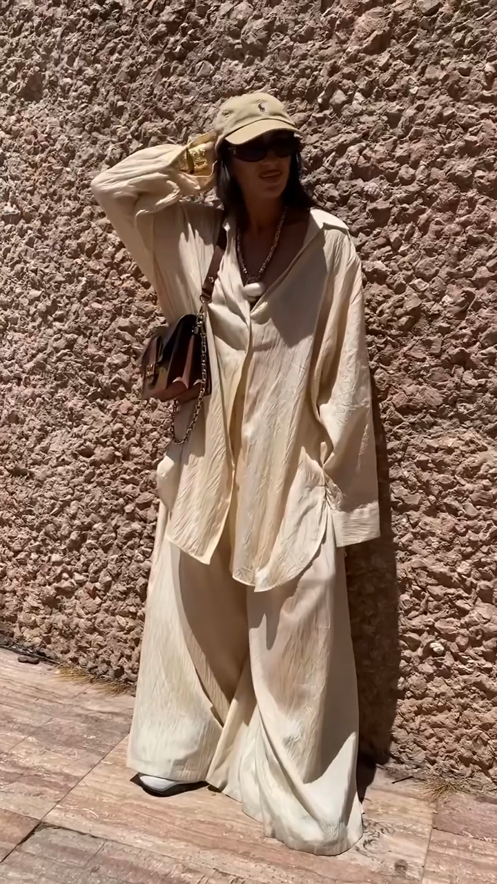 Beige Oversized Shirt and Wide Leg Pants Set