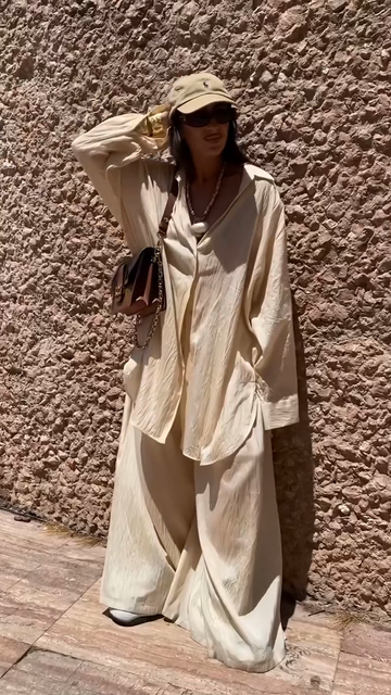 Beige Oversized Shirt and Wide Leg Pants Set