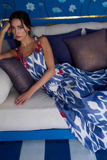 Blue and White Ikat Print Dress with Red Butterfly Embellishments