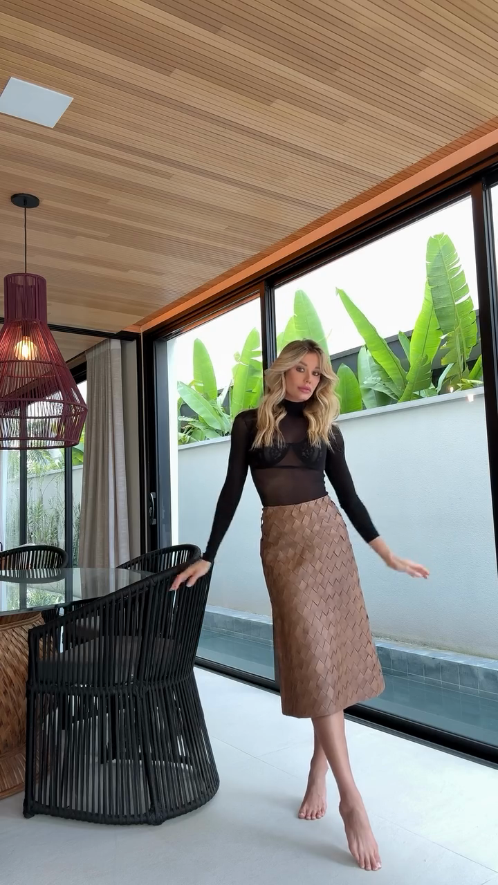 Brown Woven Leather Midi Skirt