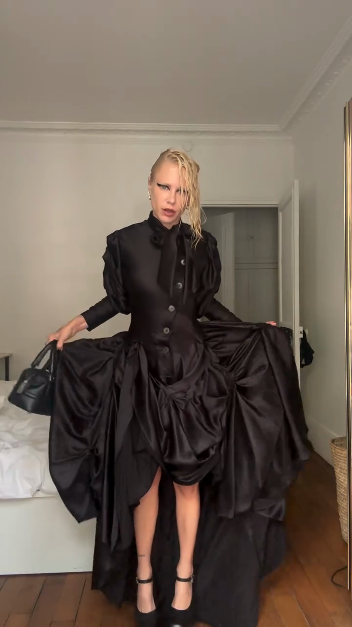 Black Satin Asymmetric Midi Dress