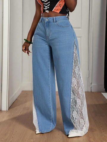 Lace - Paneled Wide - Leg Jeans