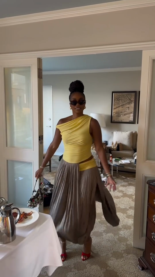 Yellow One - shoulder Top and Pleated Maxi Skirt Set