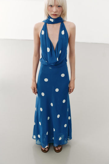 Blue Polka Dot Halter Maxi Dress