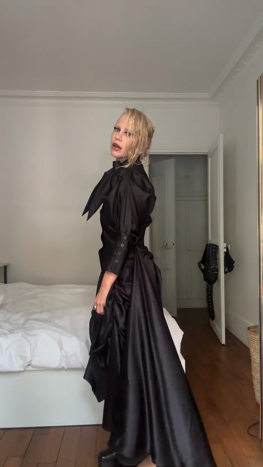 Black Satin Asymmetric Midi Dress