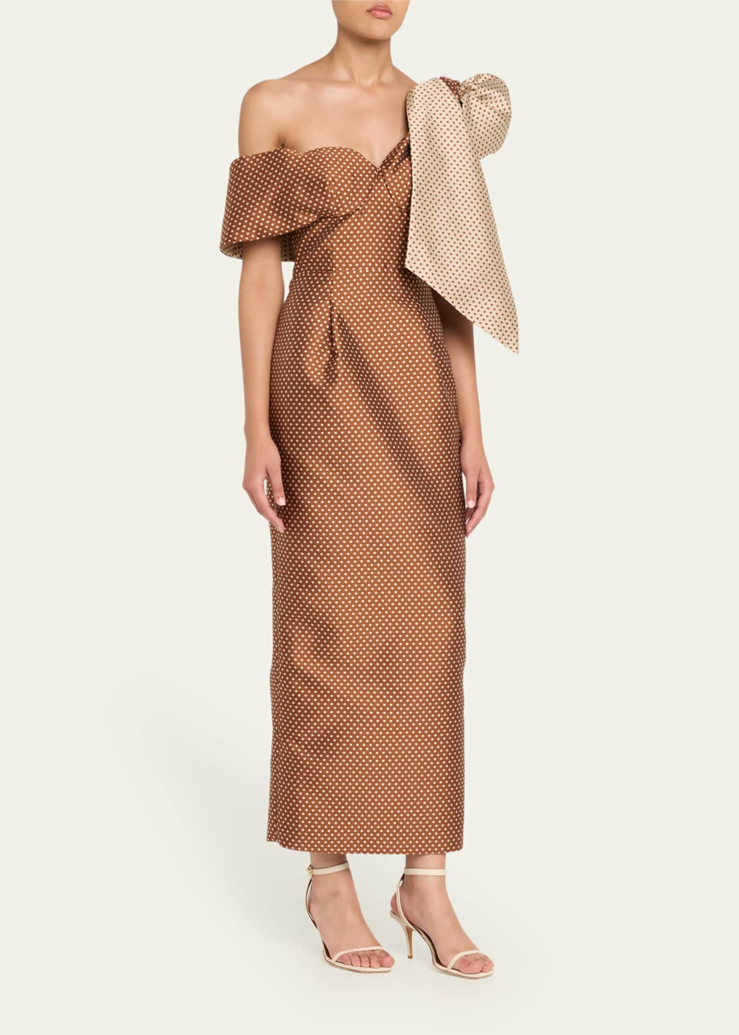 Brown Polka - Dot One - Shoulder Midi Dress with Bow Detail