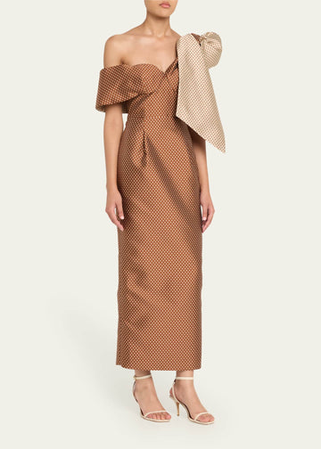 Brown Polka - Dot One - Shoulder Midi Dress with Bow Detail
