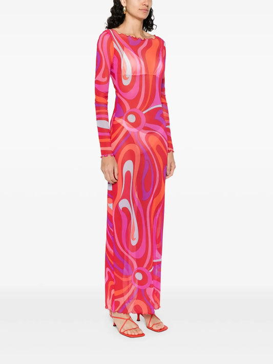 Pink & Orange Swirl Mesh Maxi Dress