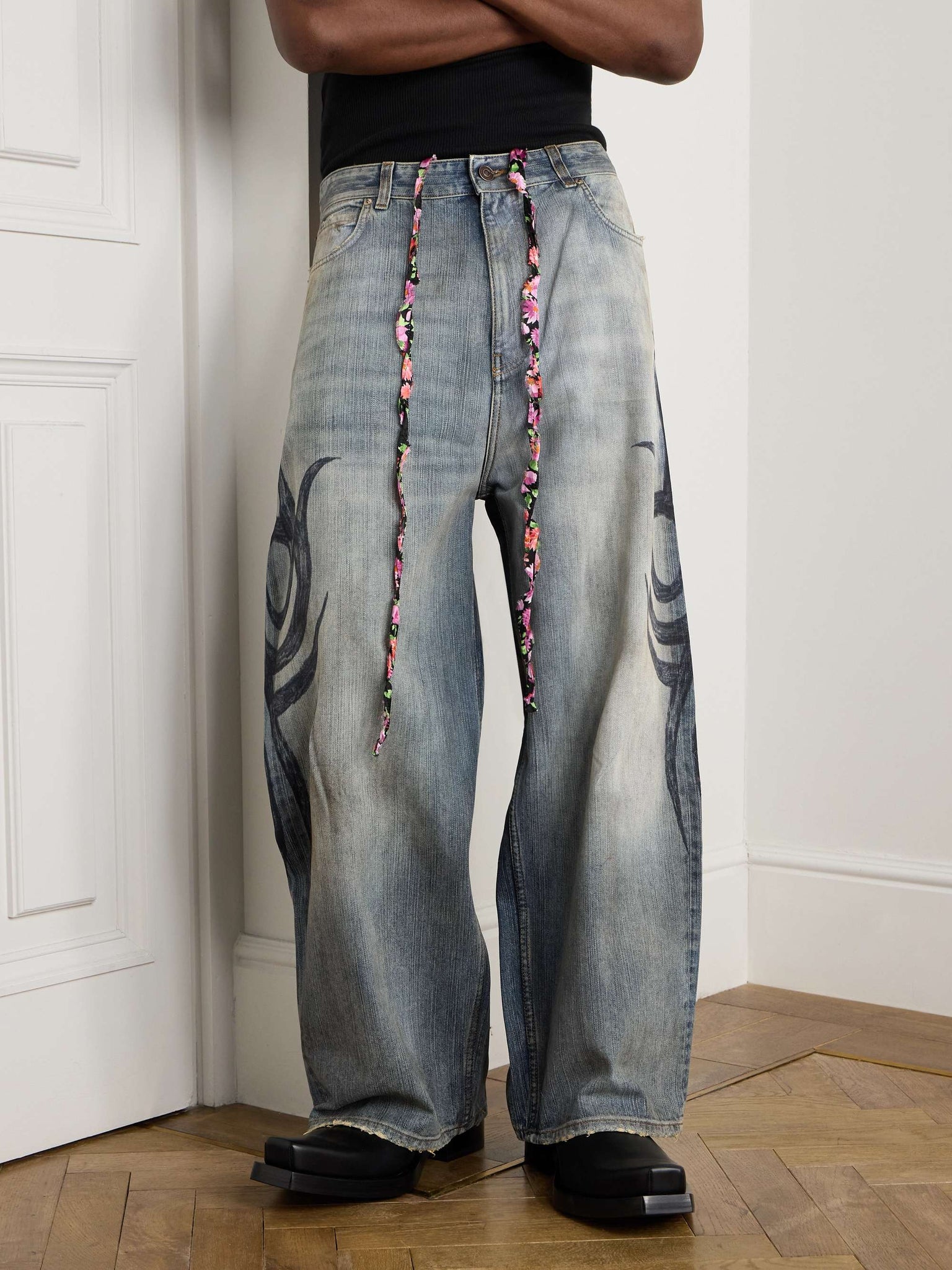 Distressed Denim Wide - Leg Jeans