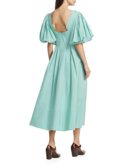 Light Blue Puff - Sleeve Cut - Out Midi Dress