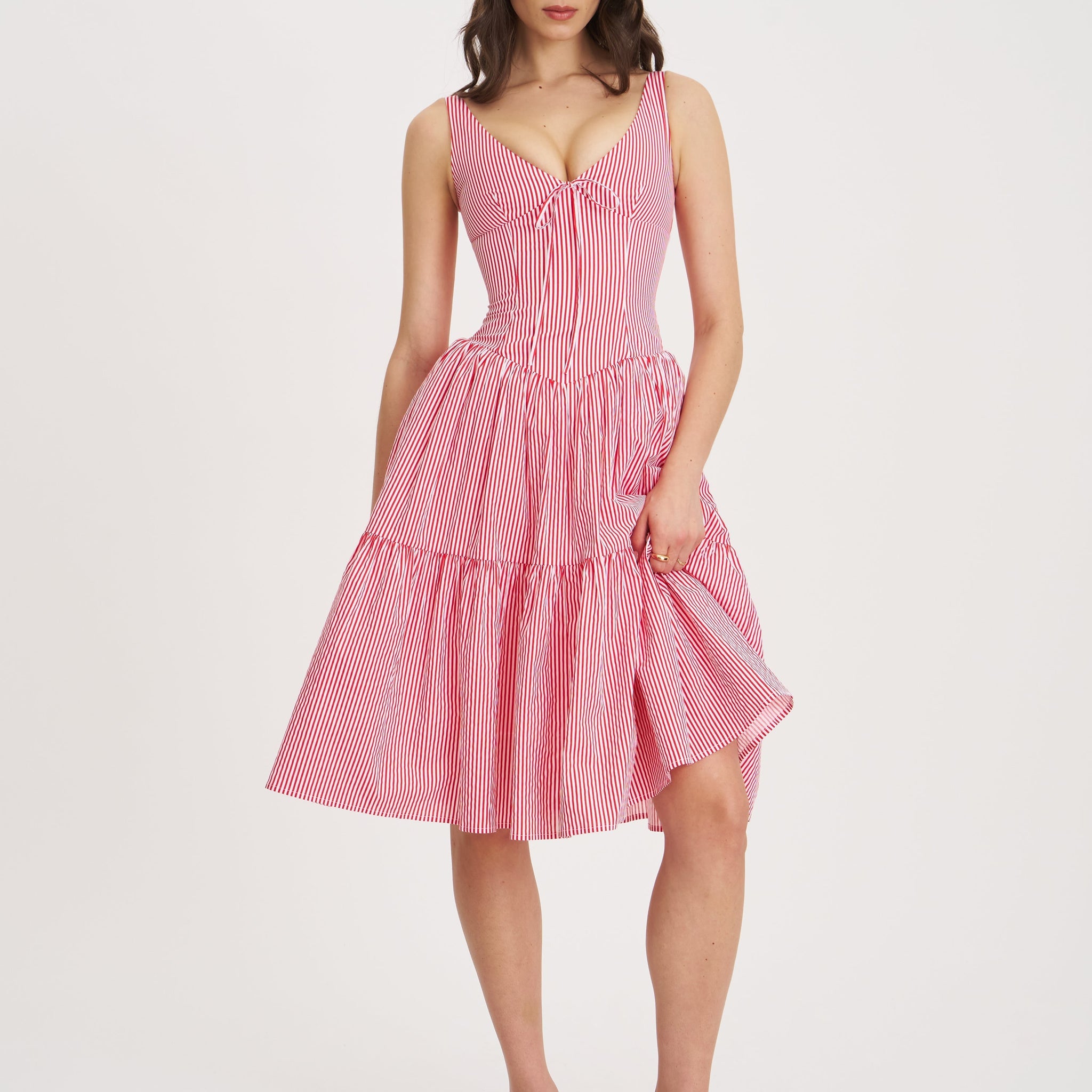 Pink and White Striped Corset Midi Dress