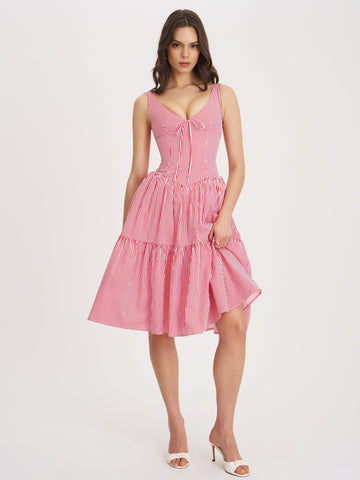 Pink and White Striped Corset Midi Dress