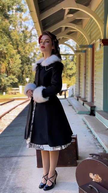 Vintage - inspired Black Coat with Fur Trim