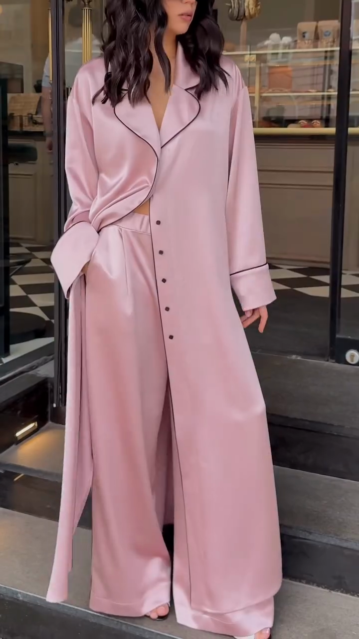 Pink Satin Long Robe & Pants Set