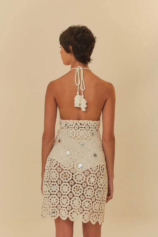 Ivory Crochet Halter - neck Mini Dress with Sequin Embellishments