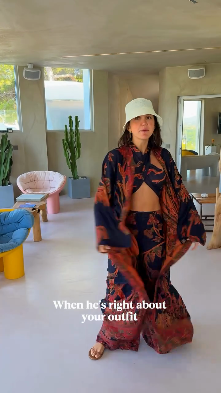 Floral Print Kaftan - Style Top, Crop Bra and Wide - leg Pants Set