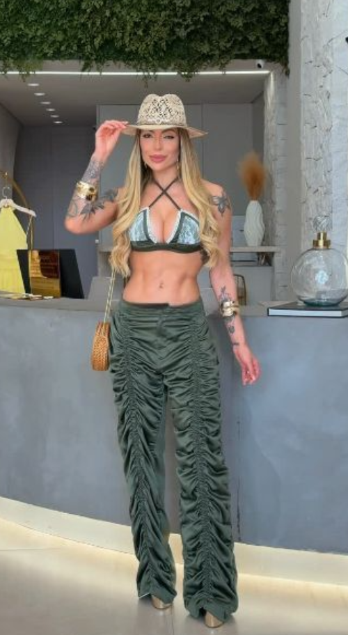 Olive Green Lace - Trimmed Bralette and Ruched Pants Set