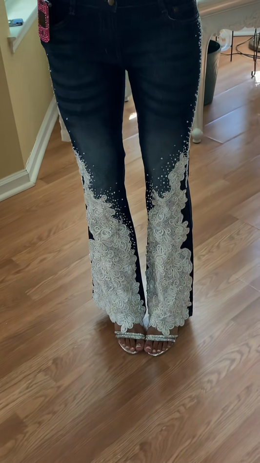 White Embellished Denim Flare Jeans