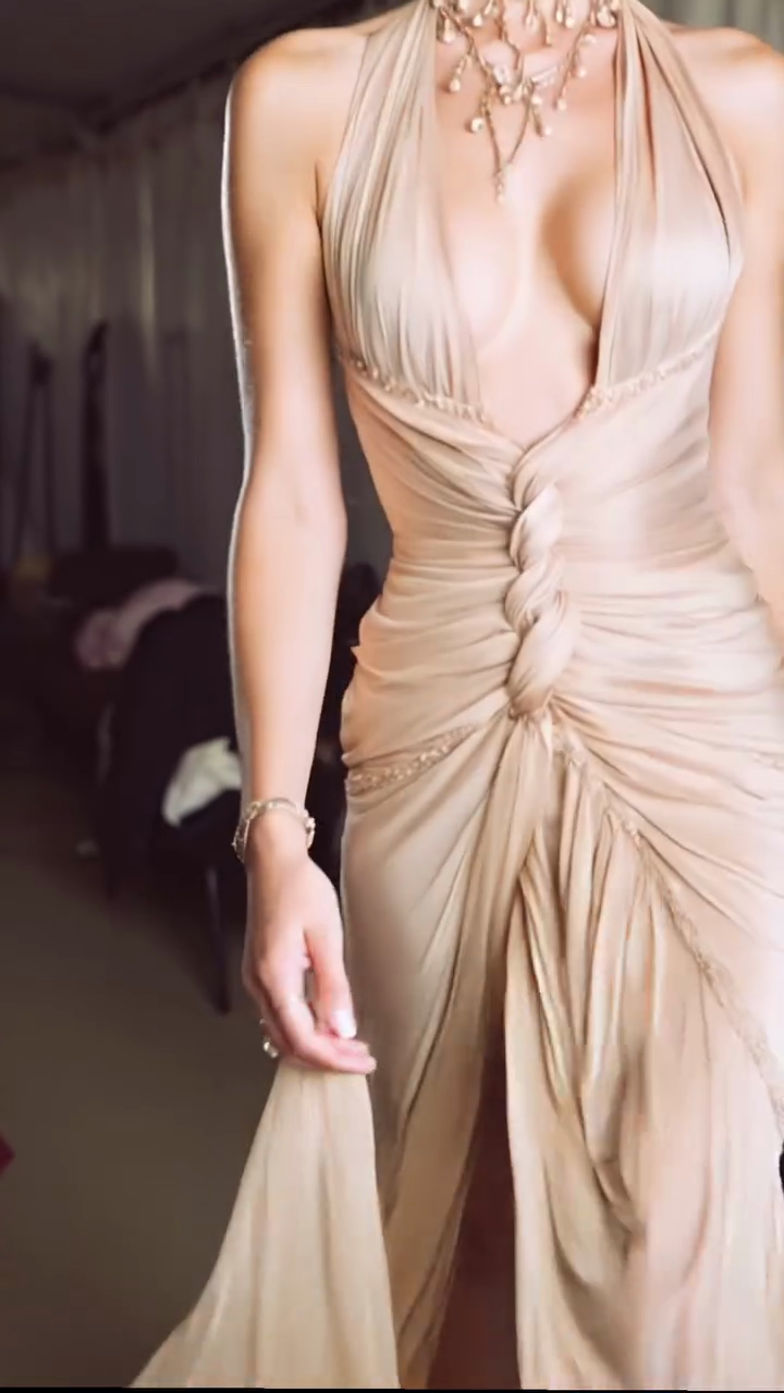 Beige Satin High - Slit Maxi Dress