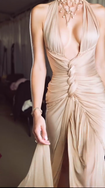 Beige Satin High - Slit Maxi Dress