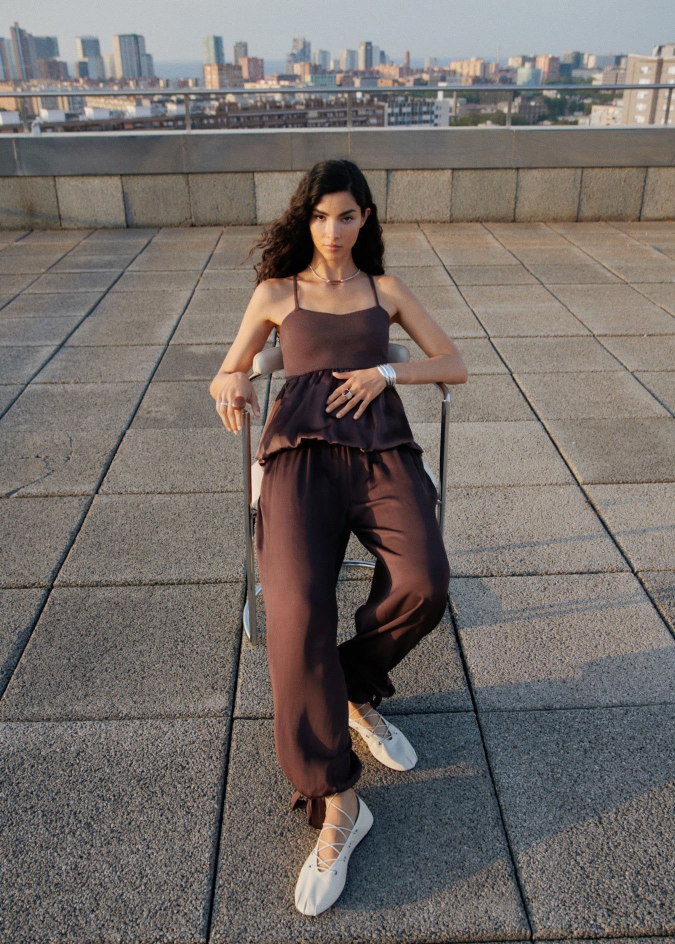 Brown Off - Shoulder Peplum Top and Pant Set