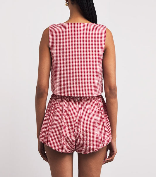 Red and White Gingham Sleeveless Crop Top and Shorts Set