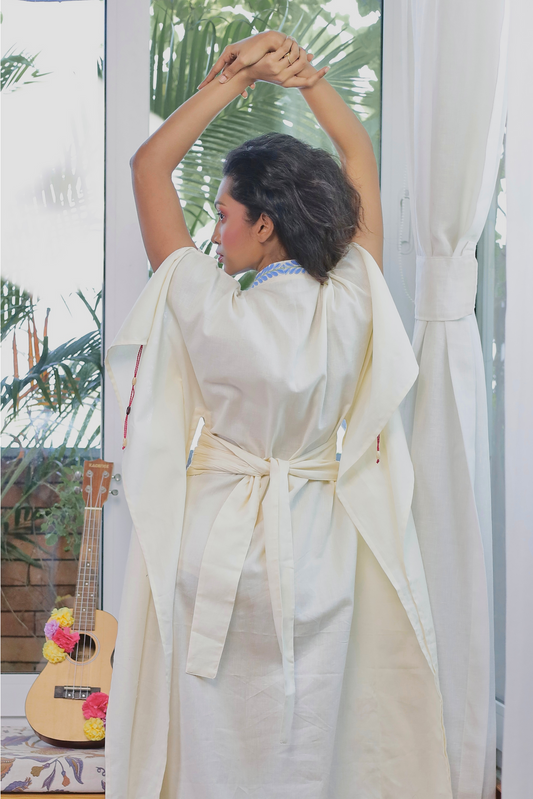 Embroidered White Kaftan Dress with Belt