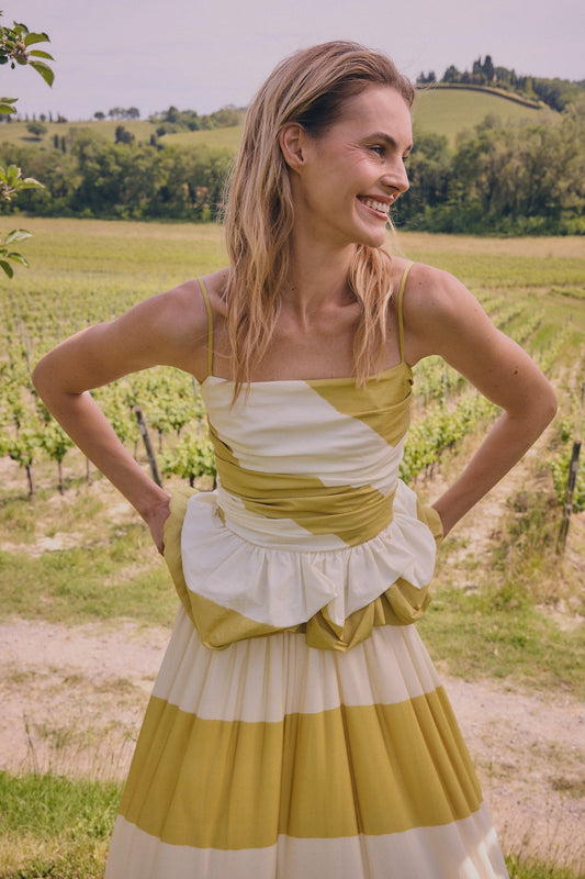 Yellow and White Striped  Ruffle Maxi Dress Set