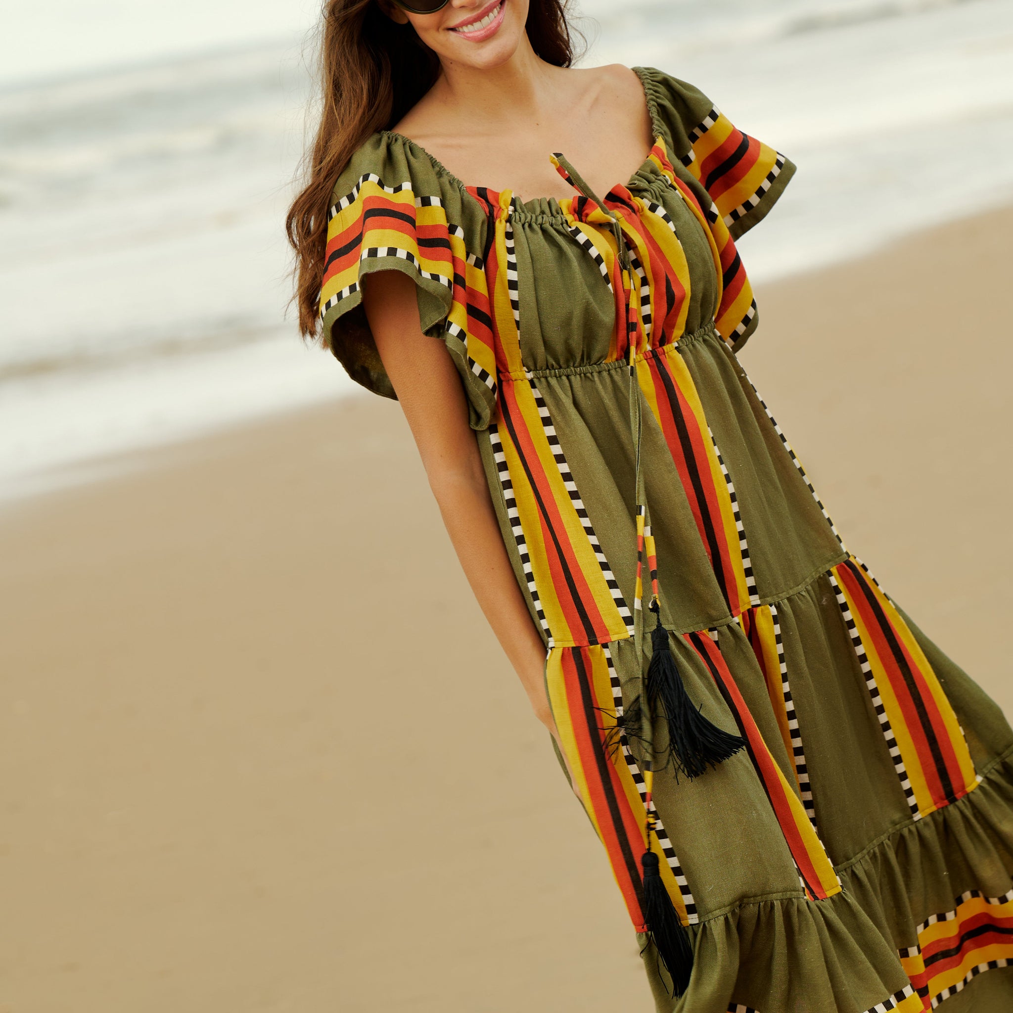 Olive Green Striped Off - Shoulder Maxi Dress