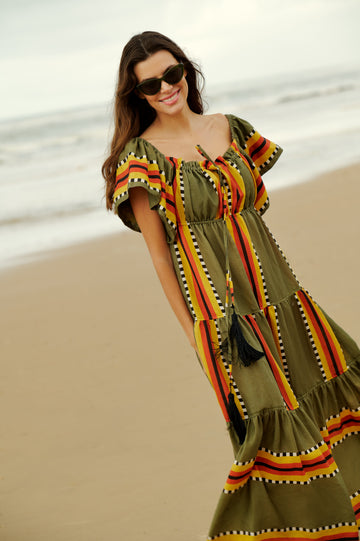 Olive Green Striped Off - Shoulder Maxi Dress