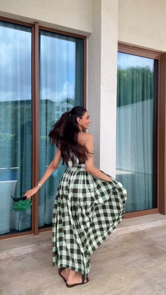 Green and Black Gingham Halter Maxi Dress